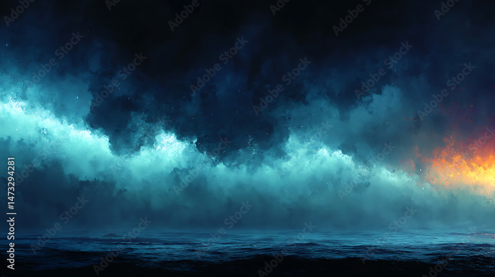 Fototapeta premium Abstract ocean with vibrant clouds and dramatic sky,evokes a sense of mystery and wonder,featuring glowing turquoise colors and a warm sunset