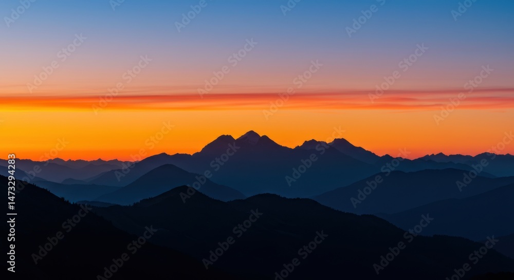 Obraz premium Mountain Range Silhouette at Colorful Sunset Sky Nature Scenery
