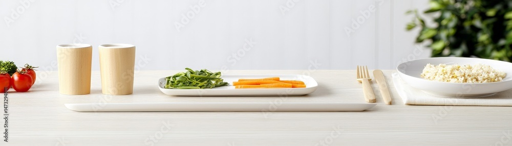 Navigating COVID Lockdowns and Building Immunity for a Safer Tomorrow, Minimalist table setting featuring vegetables, rice, and cups.