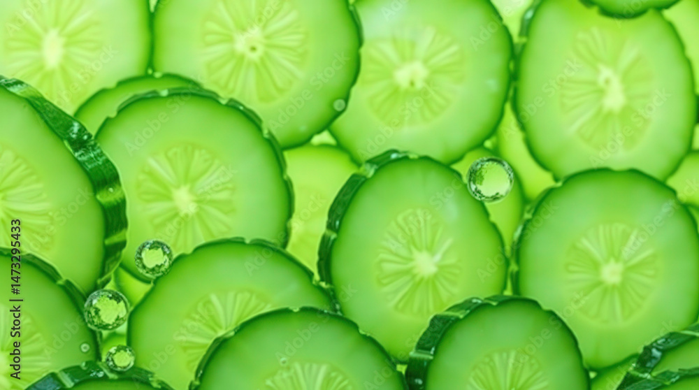 Cucumber slices in sparkling water or cosmetic gel. Fresh green vegetable macro closeup. Refreshing, crisp drink. Healthy organic summer food with juicy vibrant droplet detail. Hydration theme Cucumber slices in sparkling water or cosmetic gel. Fresh green vegetable macro closeup. Refreshing, crisp drink. Healthy organic summer food with juicy vibrant droplet detail. Hydration theme