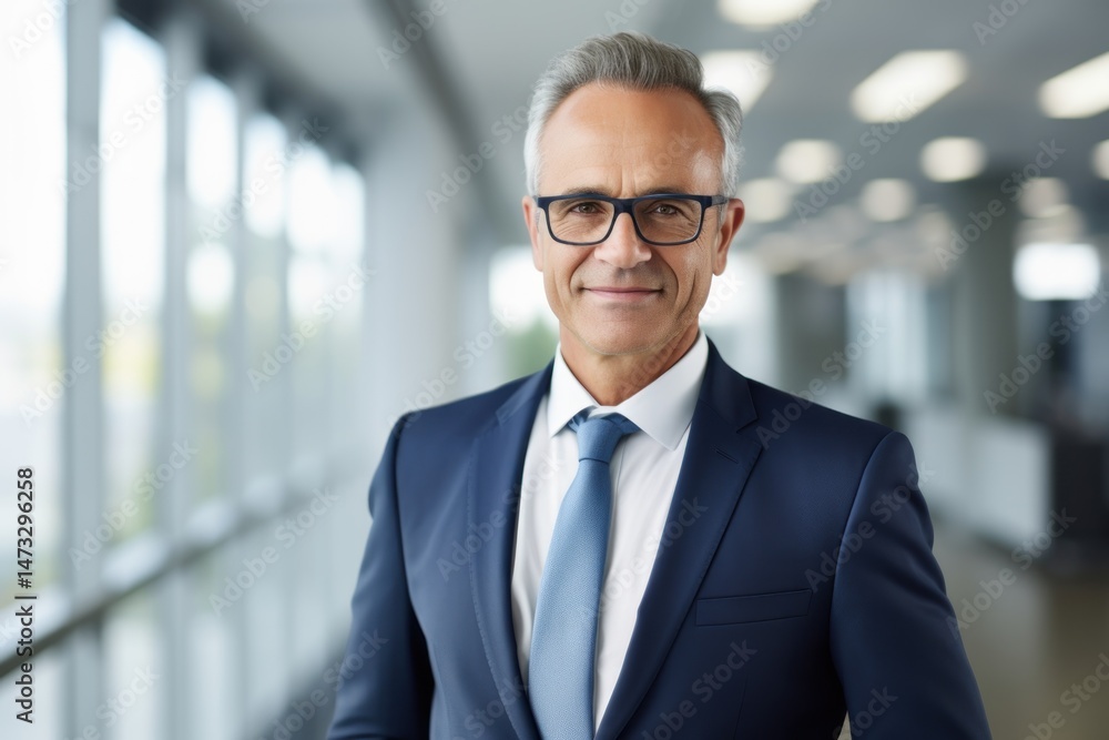 Fototapeta premium A middle-aged man in a suit and tie standing in a modern office hallway.