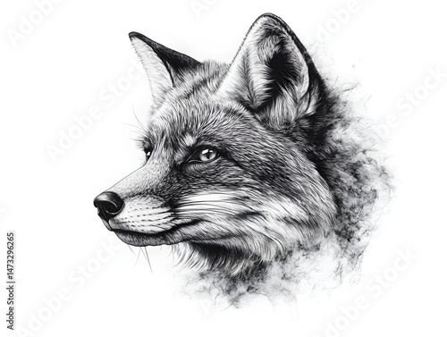 A majestic red fox portrait in a detailed pencil sketch style against a smoky white background.
