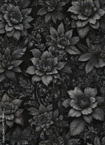 Wallpaper Mural Intricate charcoal floral pattern; dark botanicals, abstract wallpaper, seamless texture, abstract art, seamless pattern, black Torontodigital.ca