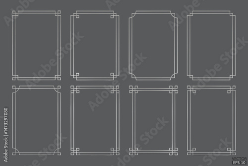 Simple stainless geometric frames. Luxury silver metallic borders for wedding invitations, luxury templates, and decorative patterns. Chinese border design. 3D vector illustration.