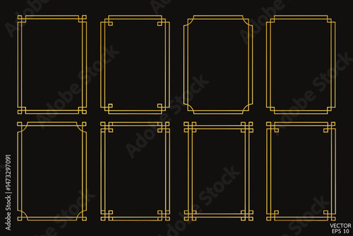 Simple golden geometric frames are isolated on black background. Luxury gold borders for invitations, luxury templates, and decorative patterns. chinese border design. 3D vector illustration.