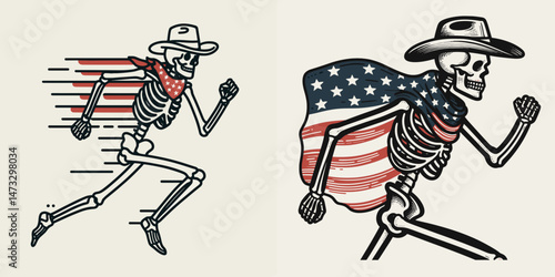 skeleton with cowboy hat and american flag overlay scarf Running. Independence day 4th of july patriotic Clipart line art vector illustration. .