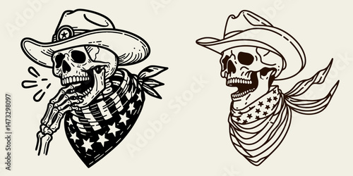 skeleton with cowboy hat and american flag overlay scarf Laughing. Independence day 4th of july patriotic Clipart line art vector illustration. Grinning bony figure in western headwear usa.