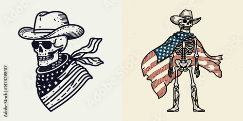 skeleton with cowboy hat and american flag overlay scarf as Superhero. Independence day 4th of july patriotic Clipart line art vector illustration. .