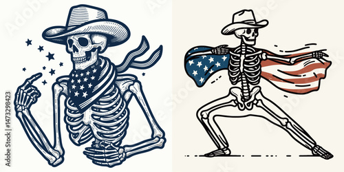 skeleton with cowboy hat and american flag overlay scarf as Tai Chi. Independence day 4th of july patriotic Clipart line art vector illustration. .
