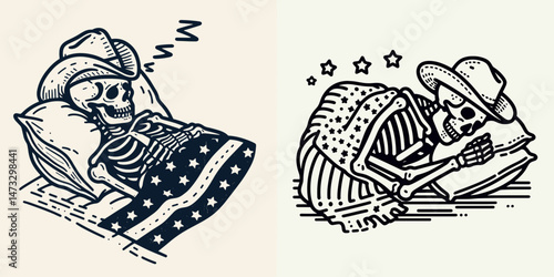 skeleton with cowboy hat and american flag overlay scarf as Sleeping. Independence day 4th of july patriotic Clipart line art vector illustration. Bony figure stetson stars & stripes.