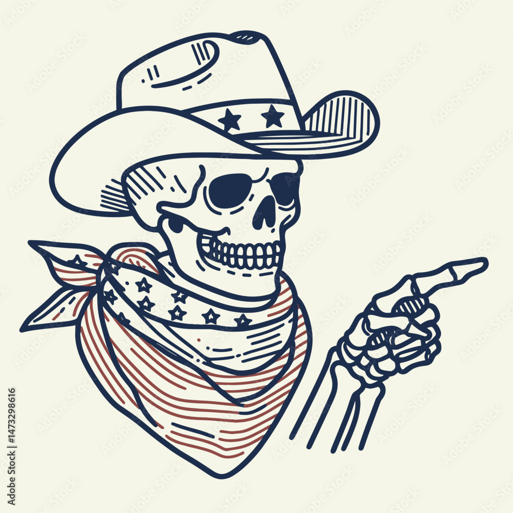 skeleton with cowboy hat and american flag overlay scarf as Pointing. Independence day 4th of july patriotic Clipart line art vector illustration. . skeleton with cowboy hat and american flag overlay scarf as Pointing. Independence day 4th of july patriotic Clipart line art vector illustration. .