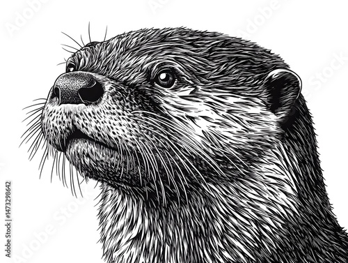 Detailed black and white illustration of an otter's head looking upward with intricate fur and whisker details rendered in a classic engraving style.