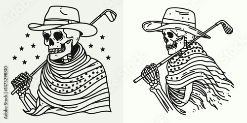 skeleton with cowboy hat and american flag overlay scarf as Golfing. Independence day 4th of july patriotic Clipart line art vector illustration. .