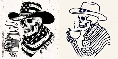 skeleton with cowboy hat and american flag overlay scarf as Drinking Coffee. Independence day 4th of july patriotic Clipart line art vector illustration. .