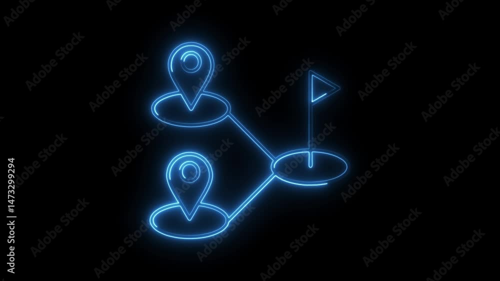 Neon route animation with location pins and destination point on black background Neon route animation with location pins and destination point on black background