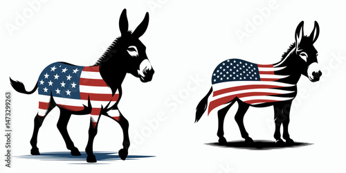 Donkey with american flag. Independence day 4th of july patriotic flag Clipart line art vector illustration. burro image usa emblem on a quadruped national symbol.
