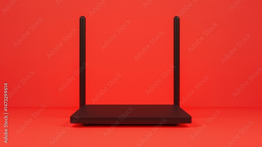 Fototapeta premium Minimalist black WiFi router with two antennas on a bright red background.