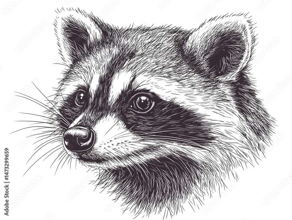 Obraz premium A detailed hand drawn illustration of a raccoon head profile in black and white ink sketch style perfect for wildlife art prints and designs.