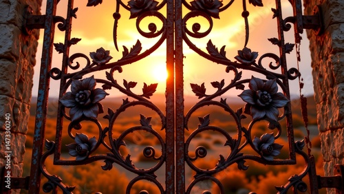 beautifully crafted wrought iron gate intricate floral designs set against stunning sunset backdrop. gate its ornate patterns delicate flowers stands as gateway to picturesque landscape...