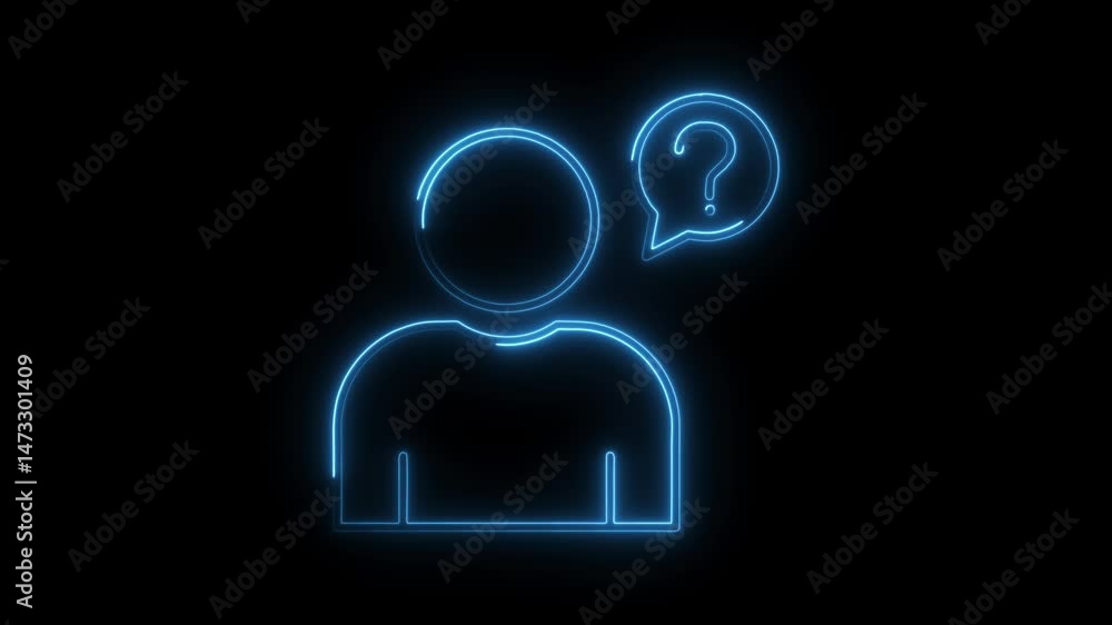 Neon person silhouette thinking with question mark on black background glowing animation Neon person silhouette thinking with question mark on black background glowing animation