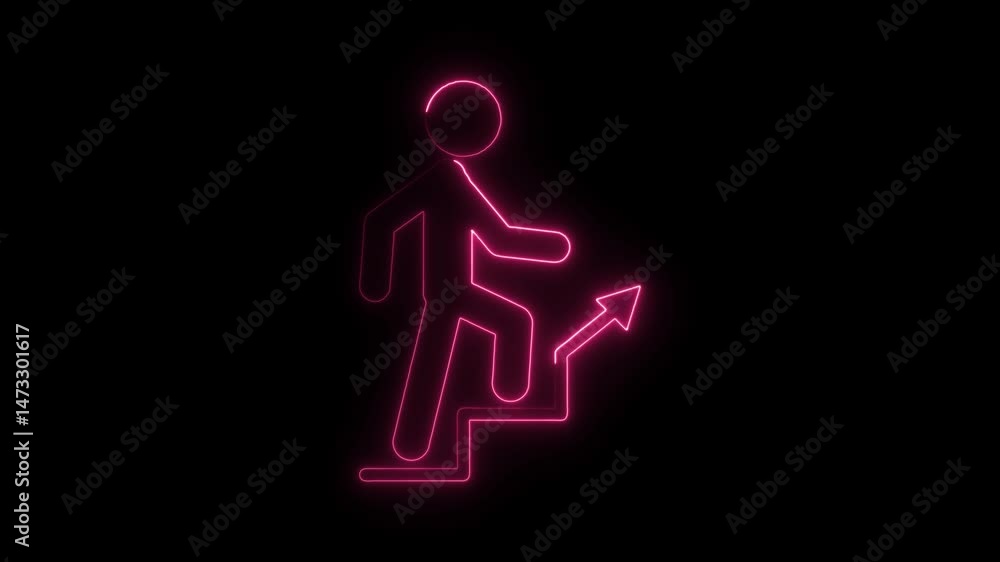 Neon outline of person climbing stairs with arrow on black background Neon outline of person climbing stairs with arrow on black background