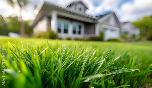 Wallpaper Mural A close-up view of lush green grass in a landscaped yard, with a beautiful home in the background under a bright sky. Torontodigital.ca