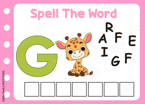 spell the word of giraffe . cute little fox with letter of g