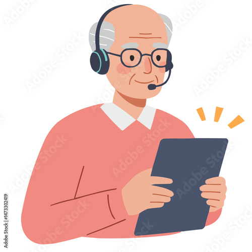 Elderly man with tech support - senior gentleman receiving digital assistance, his curious face lit by computer screen, atmosphere of learning and patient guidance.