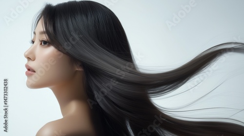 美しい黒髪をなびかせるのアジア人女性の横顔、髪モデル