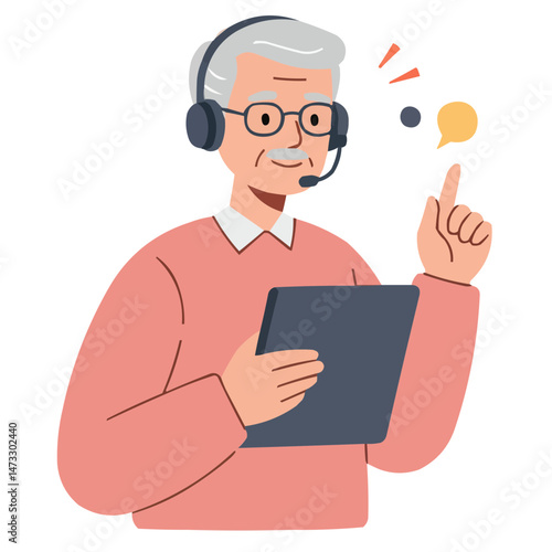 Elderly man with tech support - senior gentleman receiving digital assistance, his curious face lit by computer screen, atmosphere of learning and patient guidance.