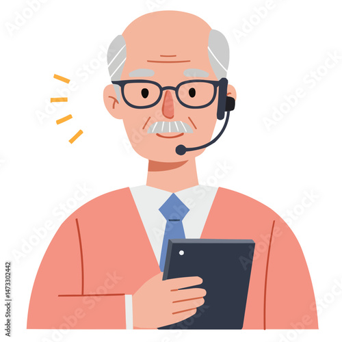 Elderly man with tech support - senior gentleman receiving digital assistance, his curious face lit by computer screen, atmosphere of learning and patient guidance.