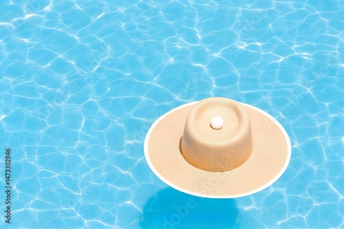 Floating Sun Hat in Swimming Pool: Summer Vacation Relaxation, Light Blue Water, Beige Hat, Poolside Leisure, Sunny Day Image