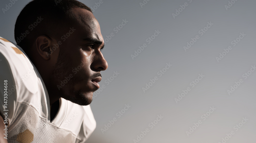 portrait of football player on left side of frame showcasing determined expression portrait of football player on left side of frame showcasing determined expression