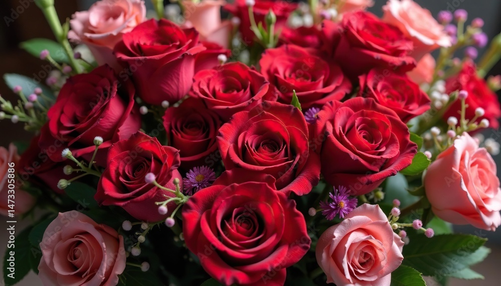 Obraz premium Close-up of a heart-shaped arrangement of red roses and other vibrant flowers , Valentine's Day, anniversary