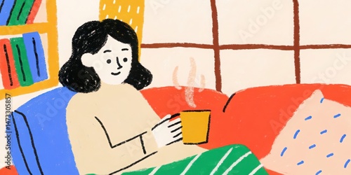 Woman relaxing at home with coffee cozy illustration vector graphic art , hand drawing.