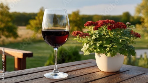 A glass of red wine sits on a wooden table outside amongst flowers enjoying the summer sun