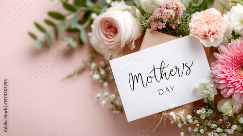 Beautiful floral arrangement featuring pink and white flowers with a greeting card for Mother's Day, showcasing love and appreciation for mothers in a soft pastel setting. Selective focus