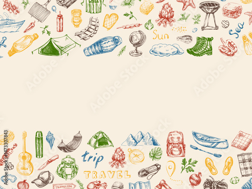 Hand drawn vintage sketch of colorful camping and travel border with hiking gear, picnic food and summer outdoor items on light background