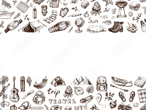 Hand drawn vintage sketch of camping and outdoor travel border with hiking and picnic elements, decorative horizontal layout in monochrome style