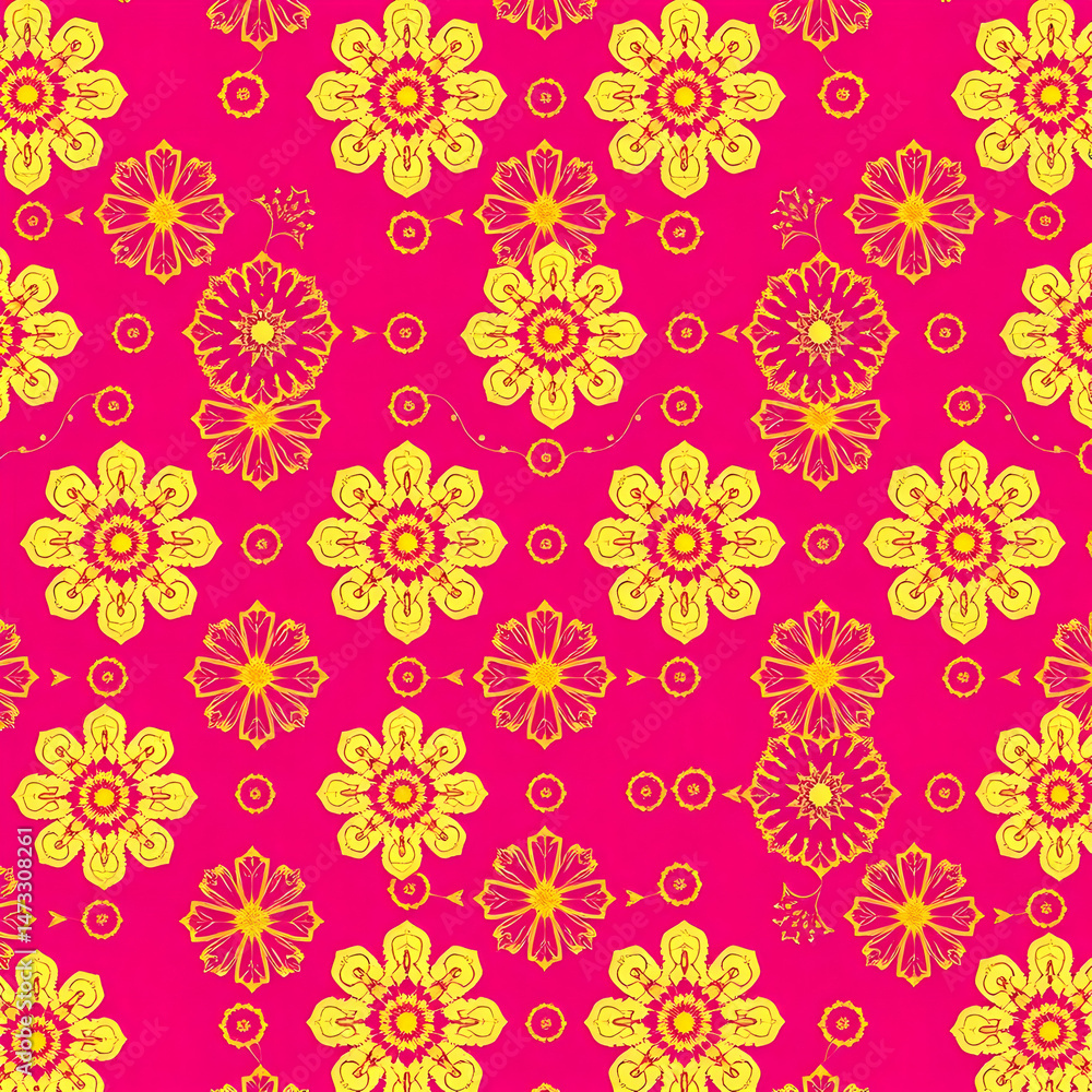 Obraz premium Traditional Chinese floral fabric with gold motifs on fuchsia background.