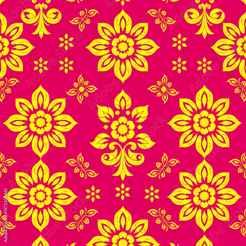 Traditional Chinese floral fabric with gold motifs on fuchsia background.