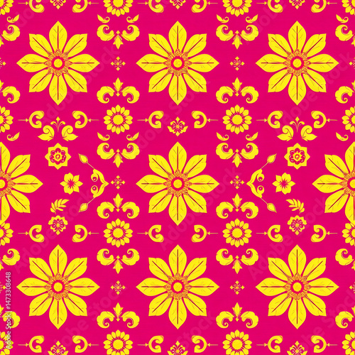 Traditional Chinese floral fabric with gold motifs on fuchsia background.