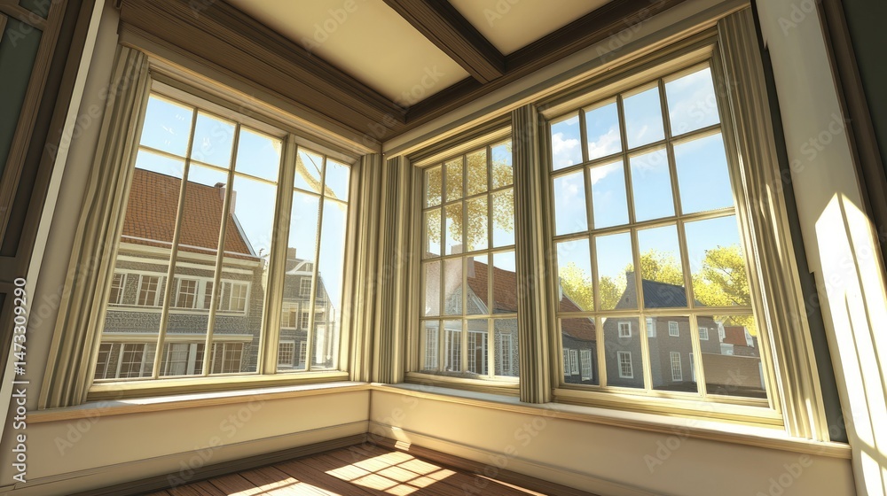 Fototapeta premium Sunlit Room with View of Charming Dutch Town
