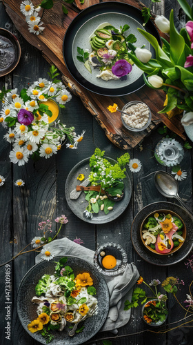 Wallpaper Mural Overhead shot of an elegant spring-themed meal featuring various plates of food adorned with edible flowers, served on a dark wooden table, surrounded by fresh flowers Torontodigital.ca