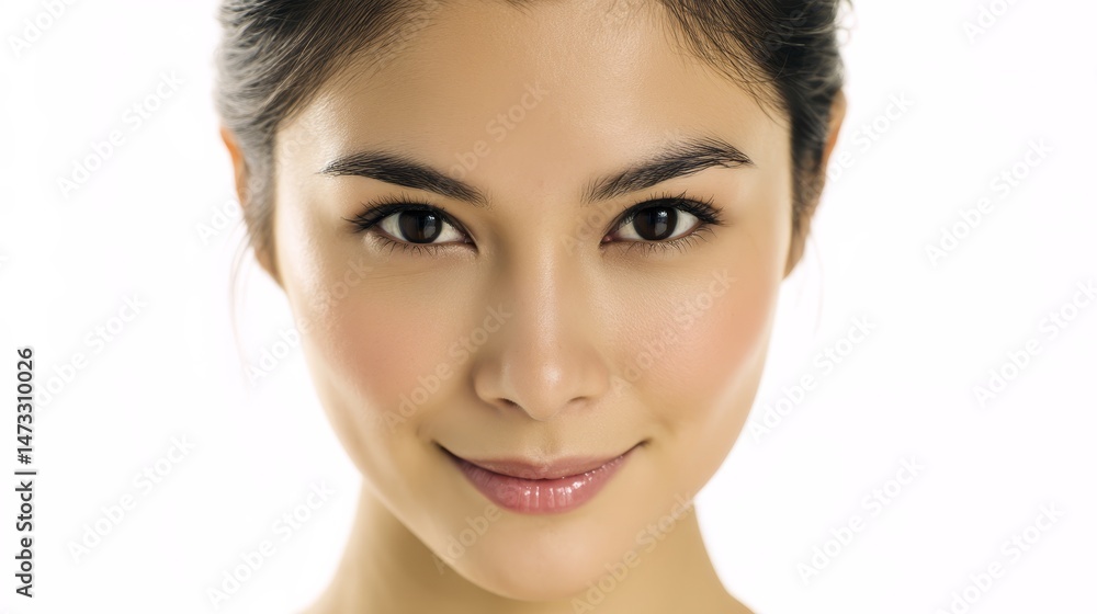 Fototapeta premium Elegant female portrait with a clean, minimalistic white background. clean