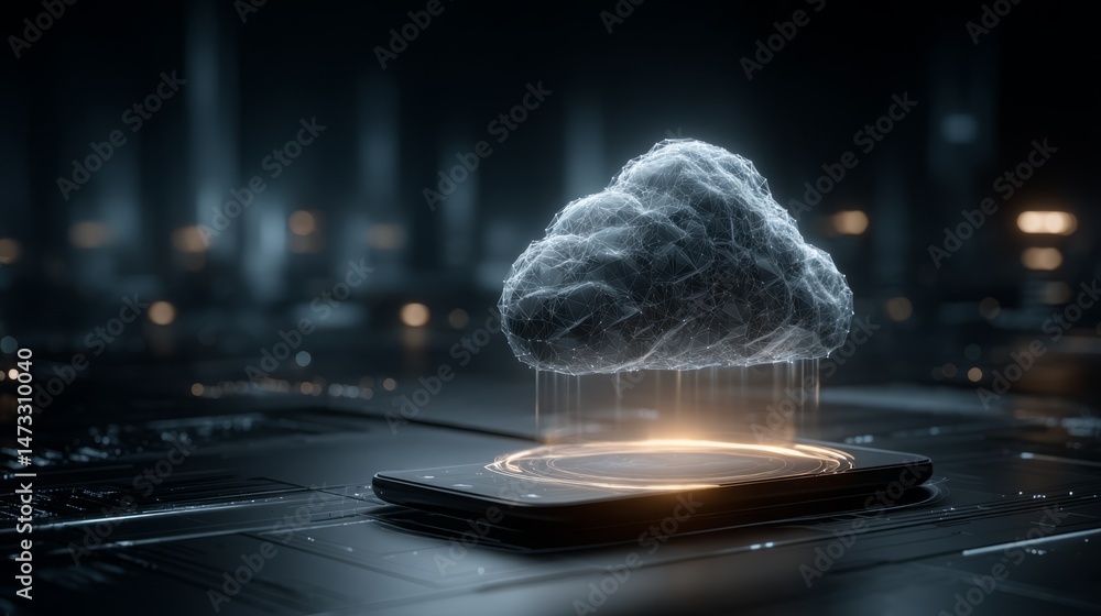 Obraz premium Futuristic cloud computing concept with smartphone and digital data flow