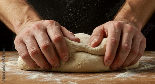 How to knead dough: hands kneading fresh dough on wooden surface for baking bread or pizza recipe