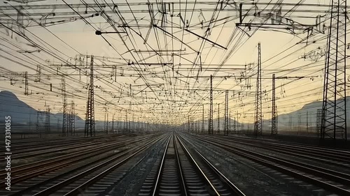 Converging lines: A journey through train tracks and power lines in landscape