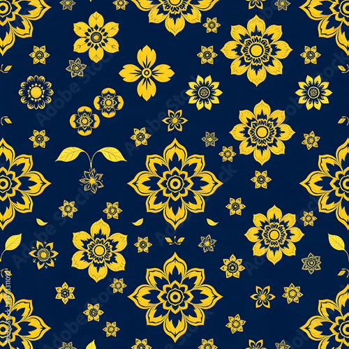 Chinese gold floral fabric on deep indigo blue seamless pattern.