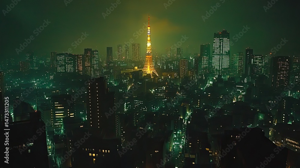 Fototapeta premium Tokyo�s skyline captured during a festive firework display.